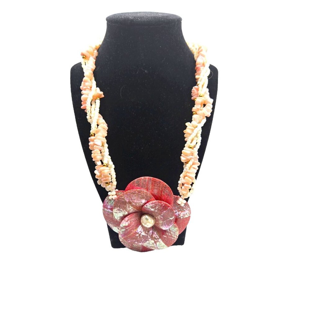 Tropical Shell Flower Statement Necklace MOP Inlay Pink Resort Vintage